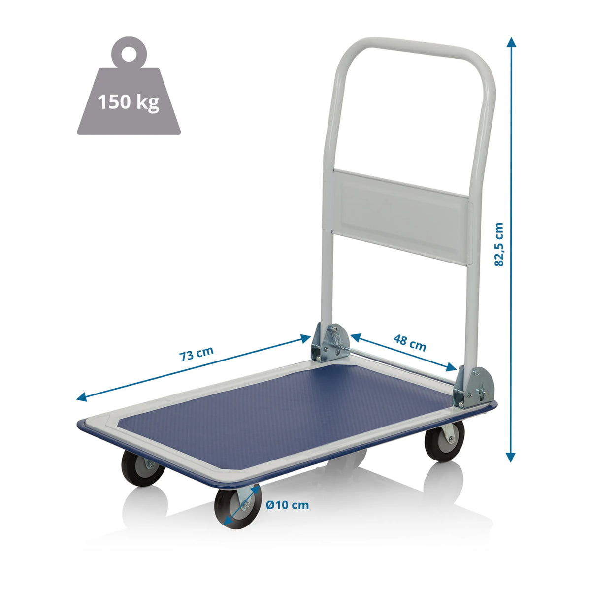 Dessin dimensionnel du Chariot à plateforme CARRY avec 73 x 48 cm et une capacité de charge de 150 kg de hjh OFFICE