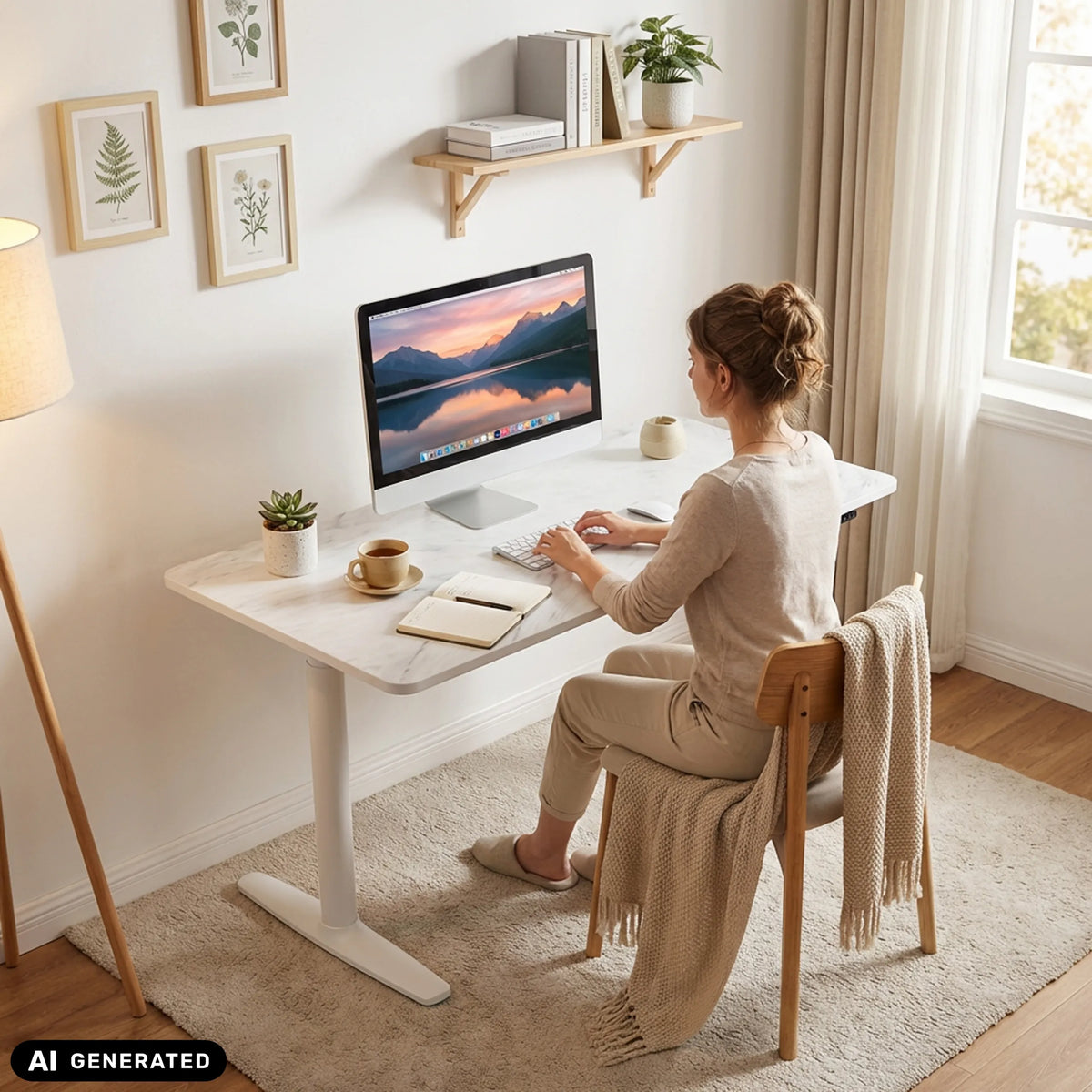 Bureau réglable en hauteur électriquement STAND PRO en blanc avec plateau en marbre de hjh OFFICE (image générée par IA)