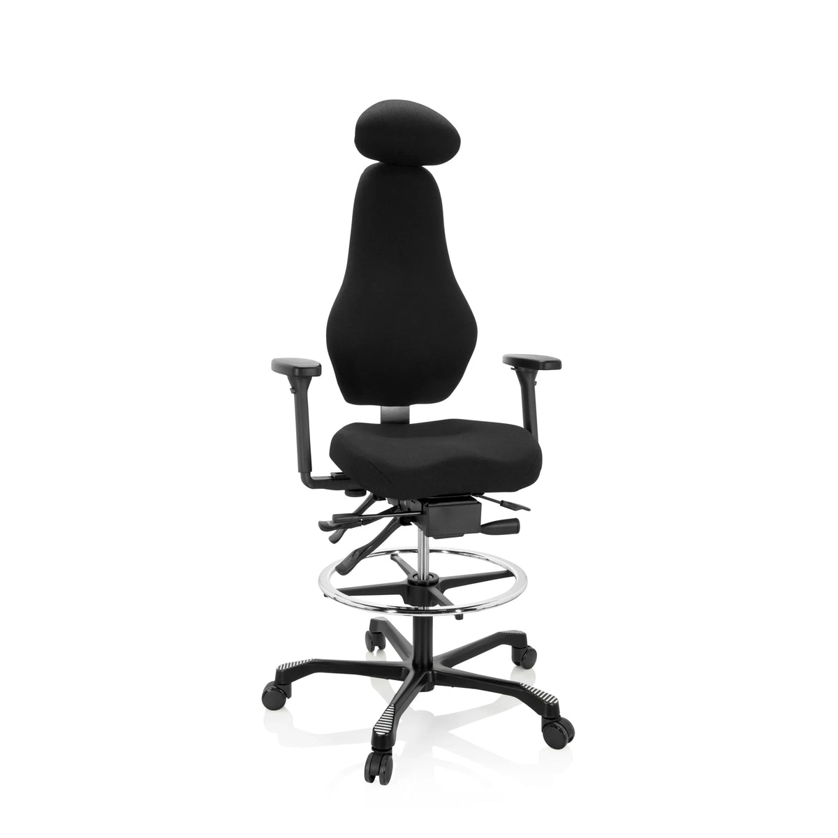 Chaise de comptoir RESISTIO WORK noire avec appui-tête, repose-pieds et base à cinq roulettes de hjh OFFICE – vue à 360° (vue de face 20°)