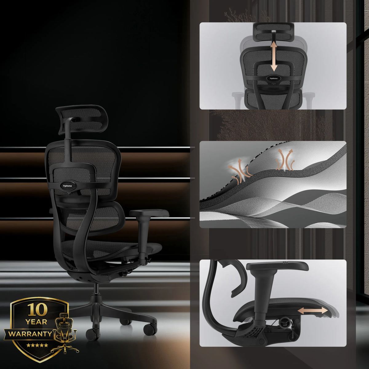 Siège de direction de luxe ERGOHUMAN SIGNATURE GEN2 en noir avec revêtement en maille et appui-tête réglable de hjh OFFICE