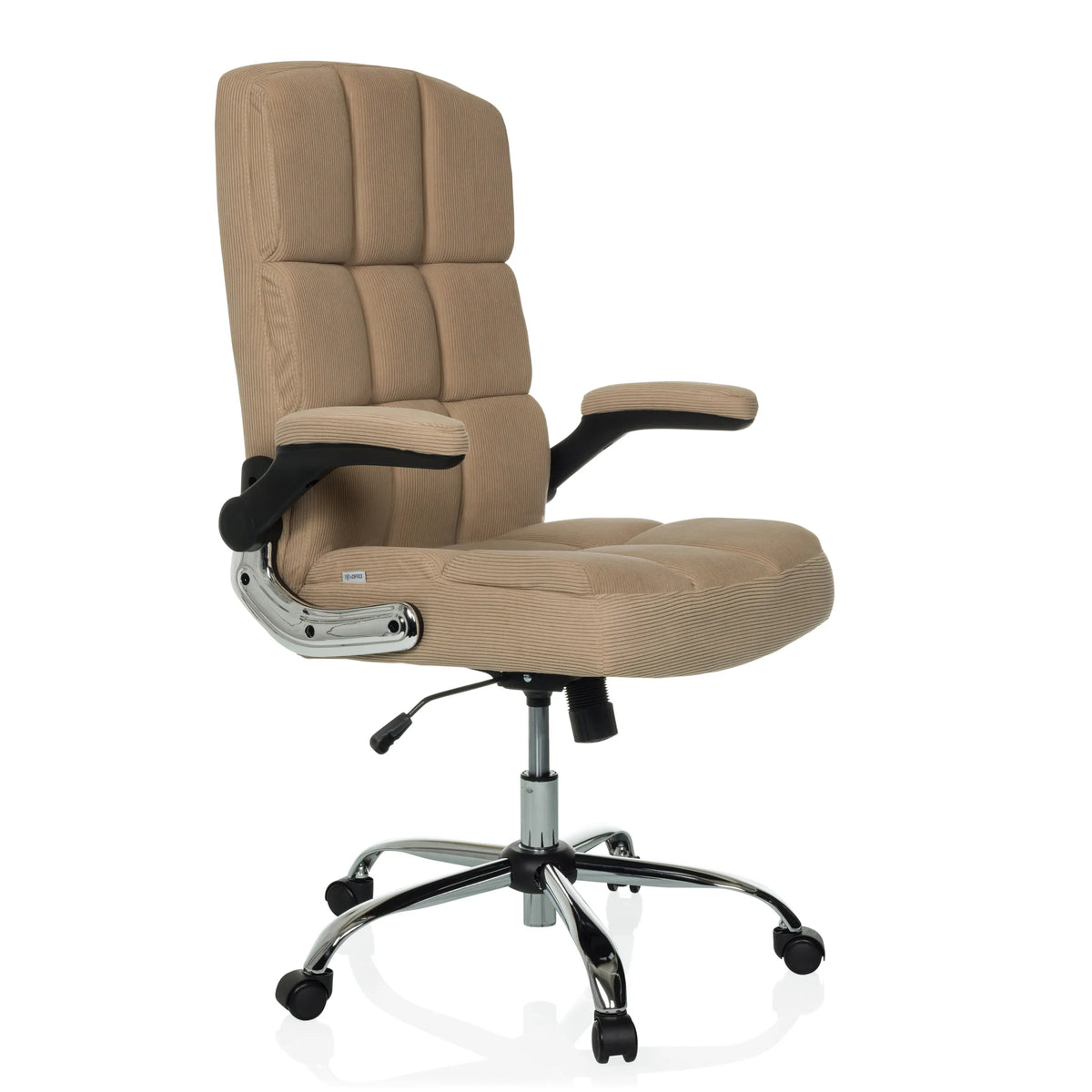 Siège de direction pour bureau à domicile RELAX WD 100 beige en velours côtelé et base à roulettes de MyBuero – vue à 360° (vue de trois quarts avant 45°)