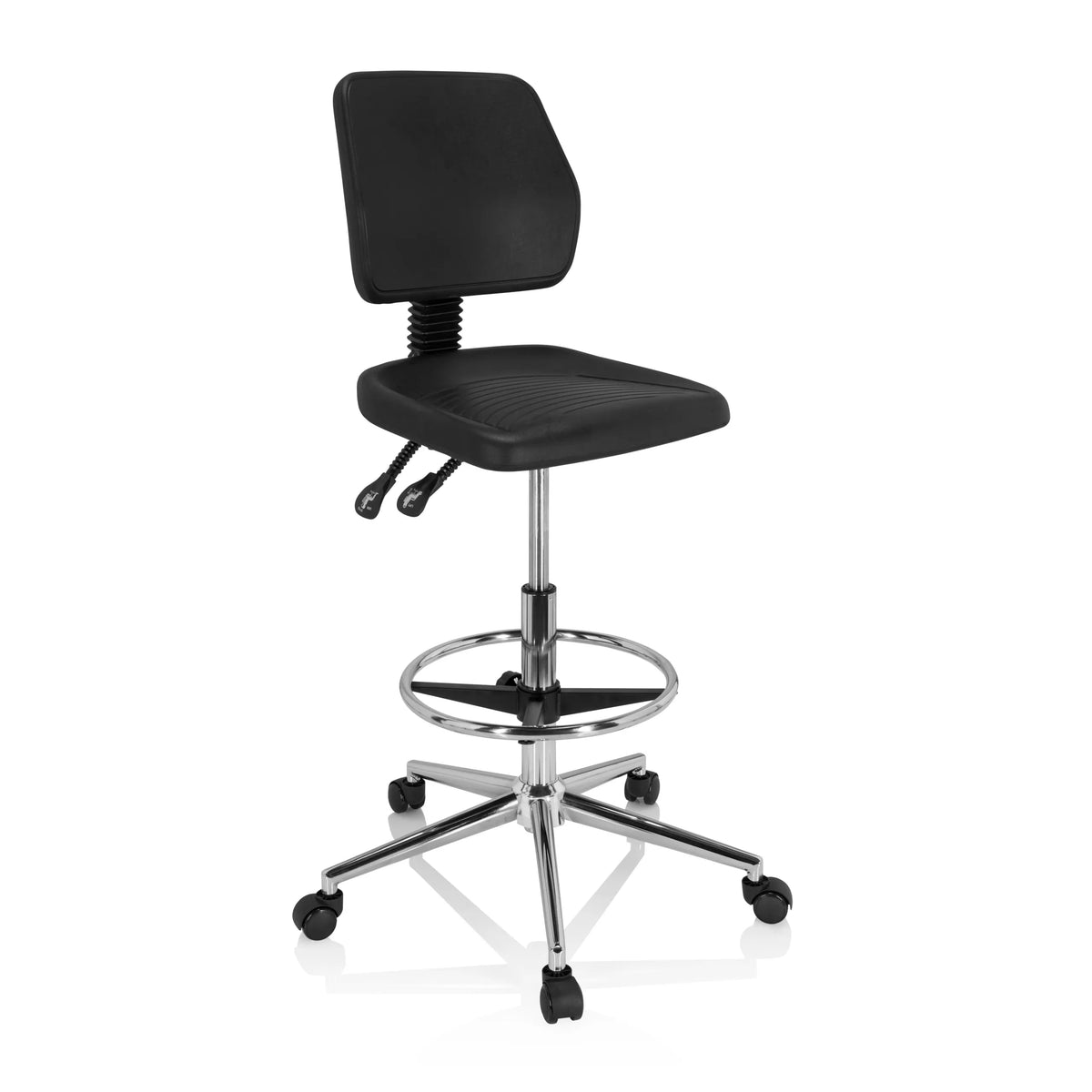 Chaise de comptoir noire TOP WORK 11 I avec repose-pieds et base à cinq roulettes de hjh OFFICE – vue à 360° (vue de trois quarts avant 40°)