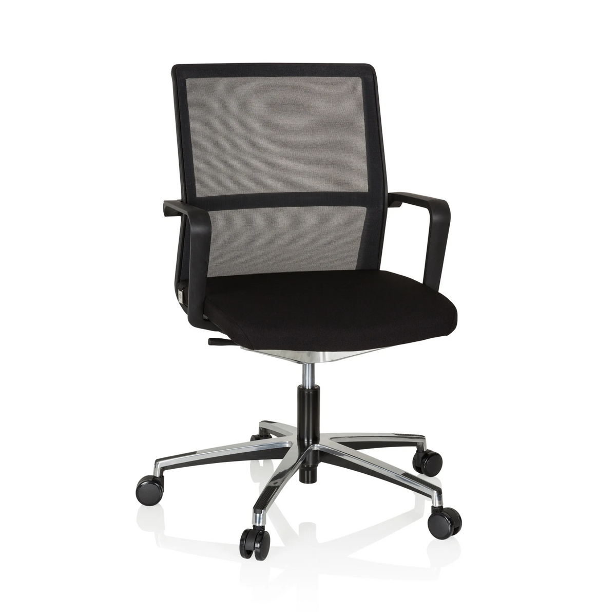 Siège de bureau de qualité professionnelle MOVE-TEC NET 3D noir avec dossier en maille et base à cinq roulettes de hjh OFFICE – vue à 360° (vue de face 20°)
