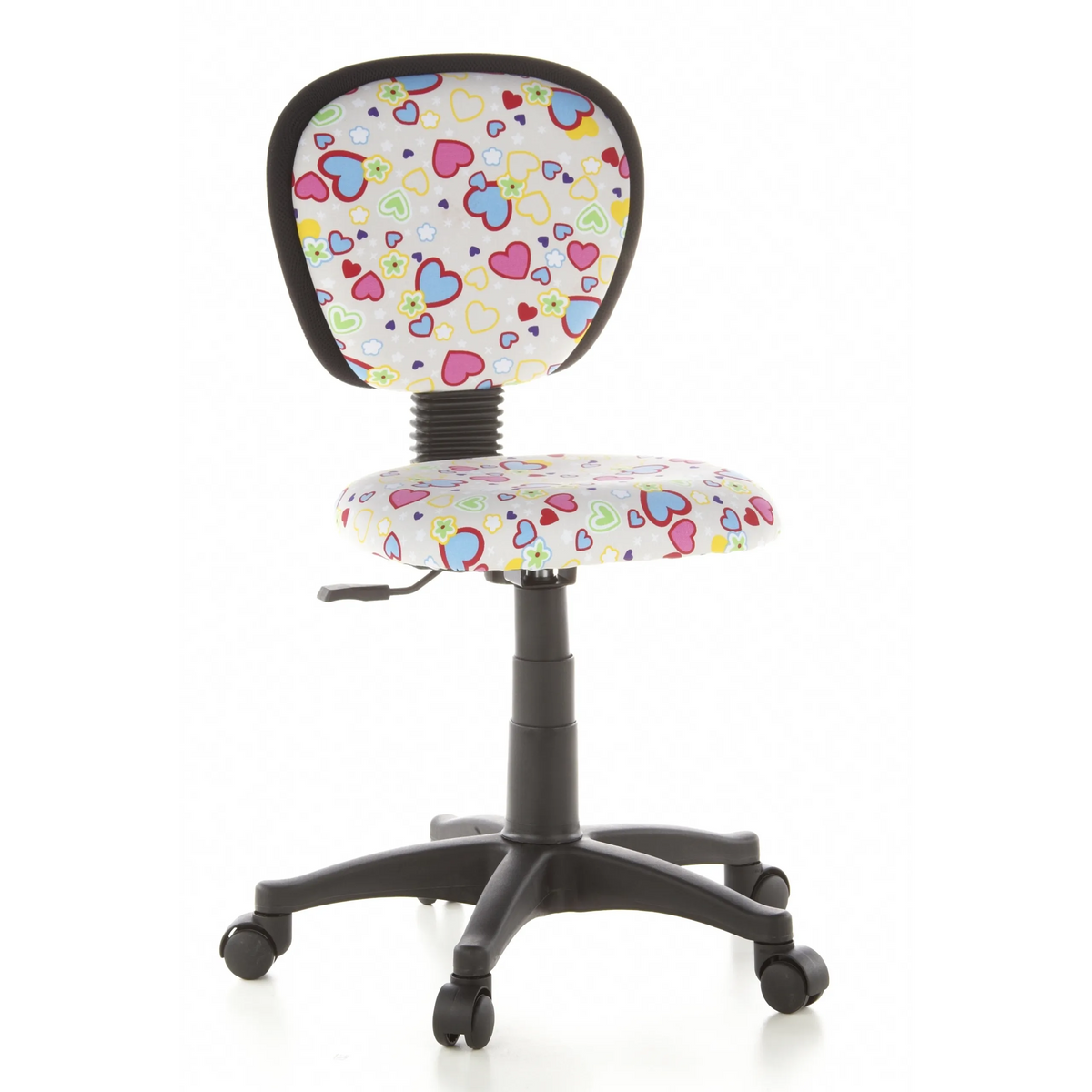 Chaise pivotante pour des enfants KIDDY TOP avec motif coloré de cœurs et de fleurs et base à cinq roulettes de hjh OFFICE – vue à 360° (vue de face 20°)