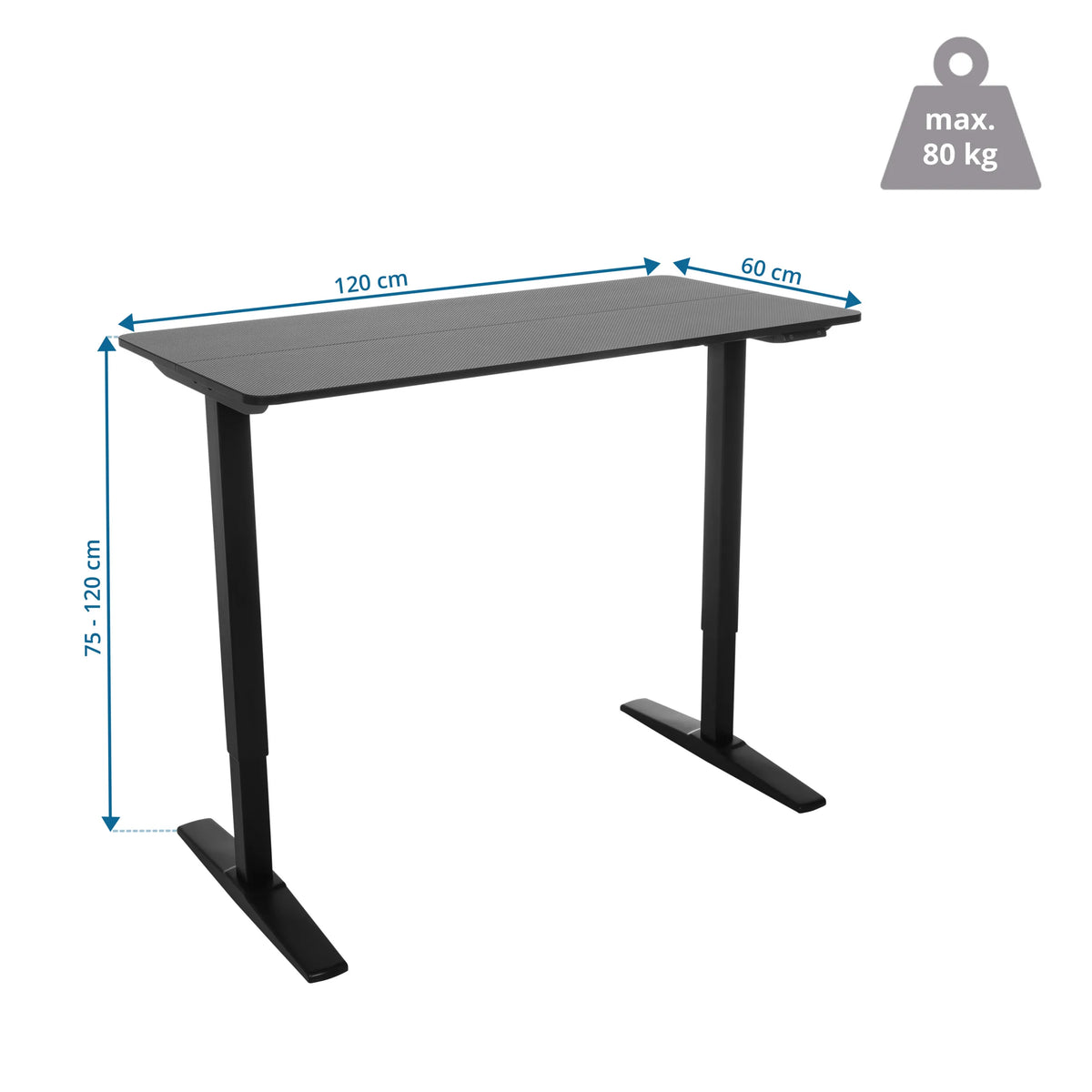 Maßzeichnung des elektrisch höhenverstellbaren Schreibtischs STAND CARBON mit 120 × 60 cm von hjh OFFICE
