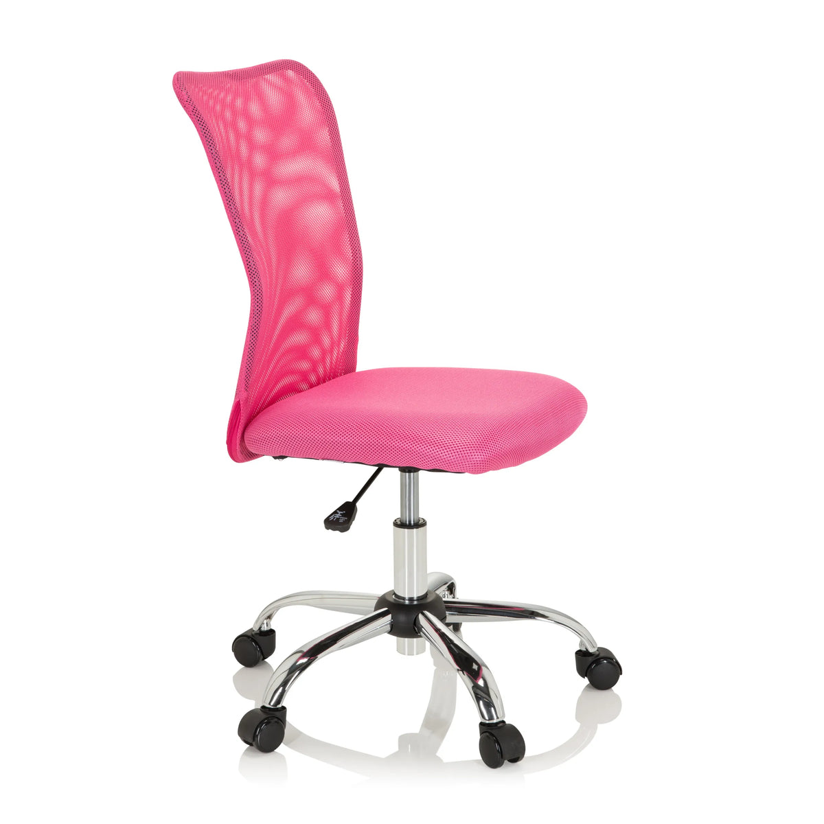 Chaise pivotante pour des enfants KIDDY NET I rose avec dossier en maille et base à cinq roulettes de hjh OFFICE – vue à 360° (vue de trois quarts avant 60°)