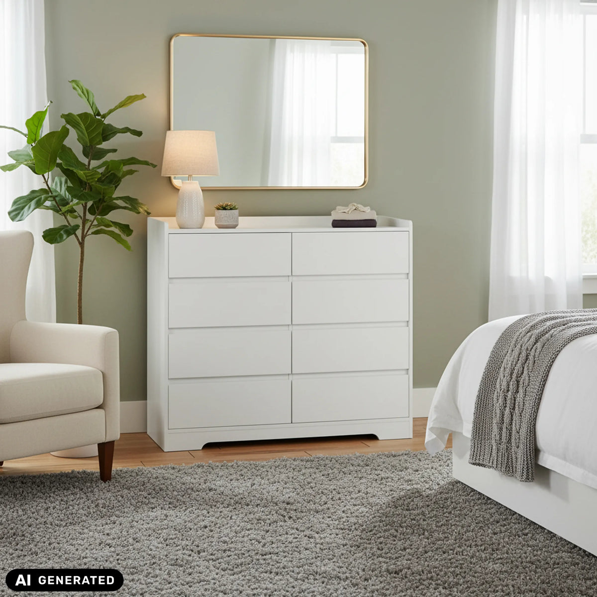 Commode blanche OSOYRO à six tiroirs dans une pièce lumineuse de hjh LIVING (image générée par IA)