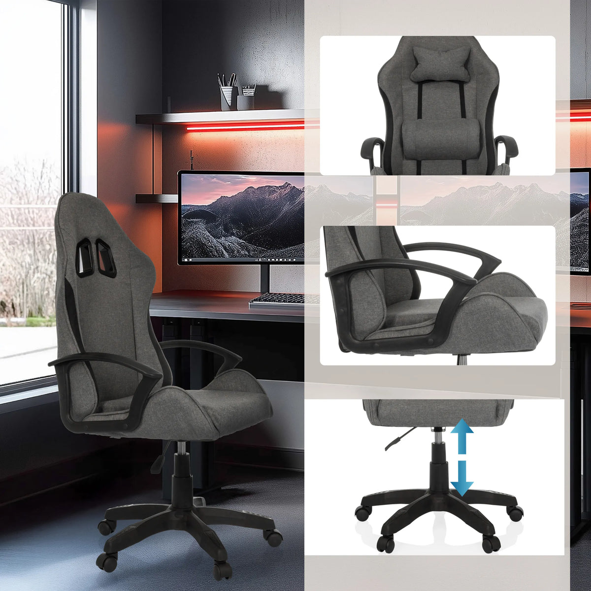 Fauteuil Gamer gris GAMEBREAKER W01 avec appuie-tête, accoudoirs et base réglable en hauteur de MyBuero