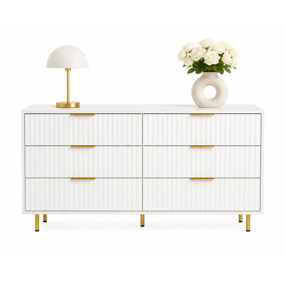 Buffet blanc HJELLE avec six tiroirs, aspect strié et pieds dorés de hjh LIVING