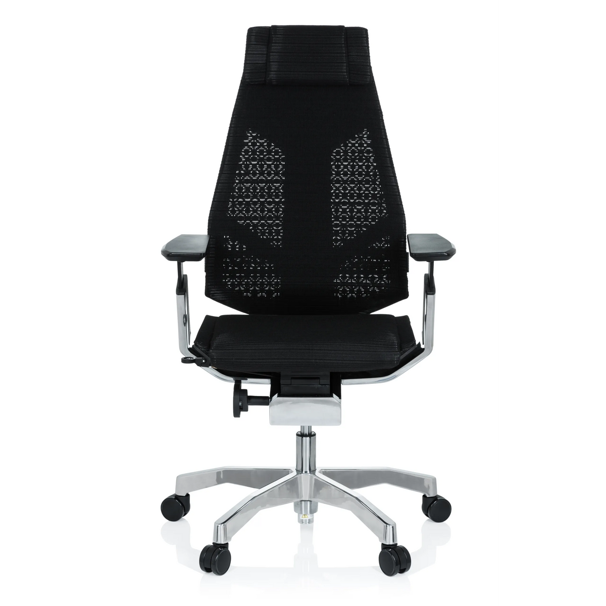 Siège de bureau haut de gamme GENIDIA PRO noir avec dossier en maille et pied à cinq roulettes de hjh OFFICE – vue à 360° (vue de face 0°)