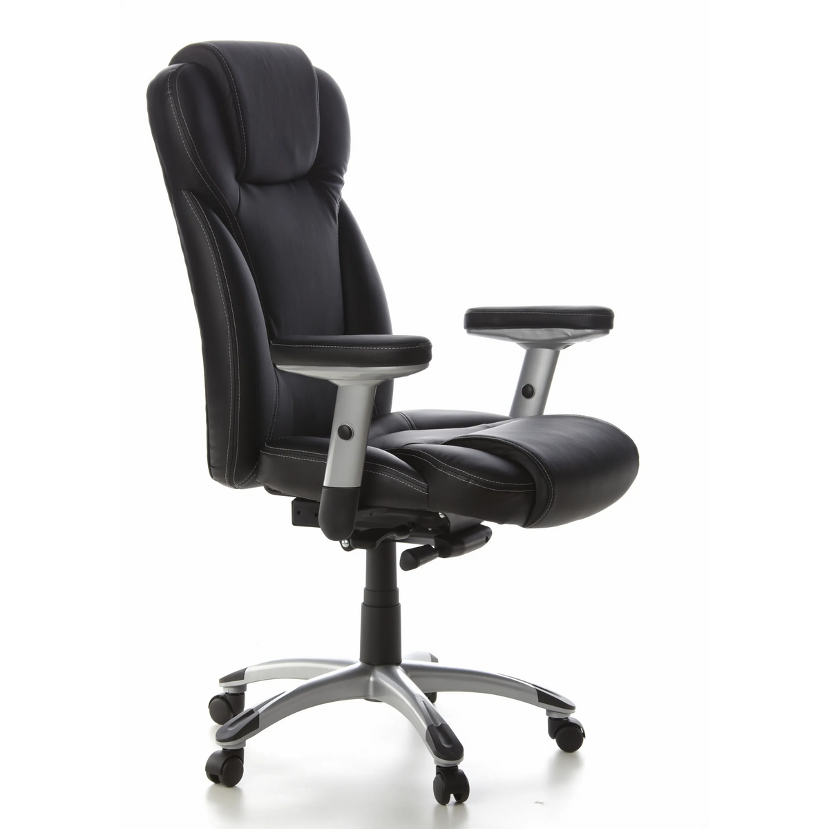 Siège de direction professionnelle EMBASSY 200 L noir avec accoudoirs et base argentée à cinq roulettes de hjh OFFICE – vue à 360° (vue de trois quarts avant 60°)