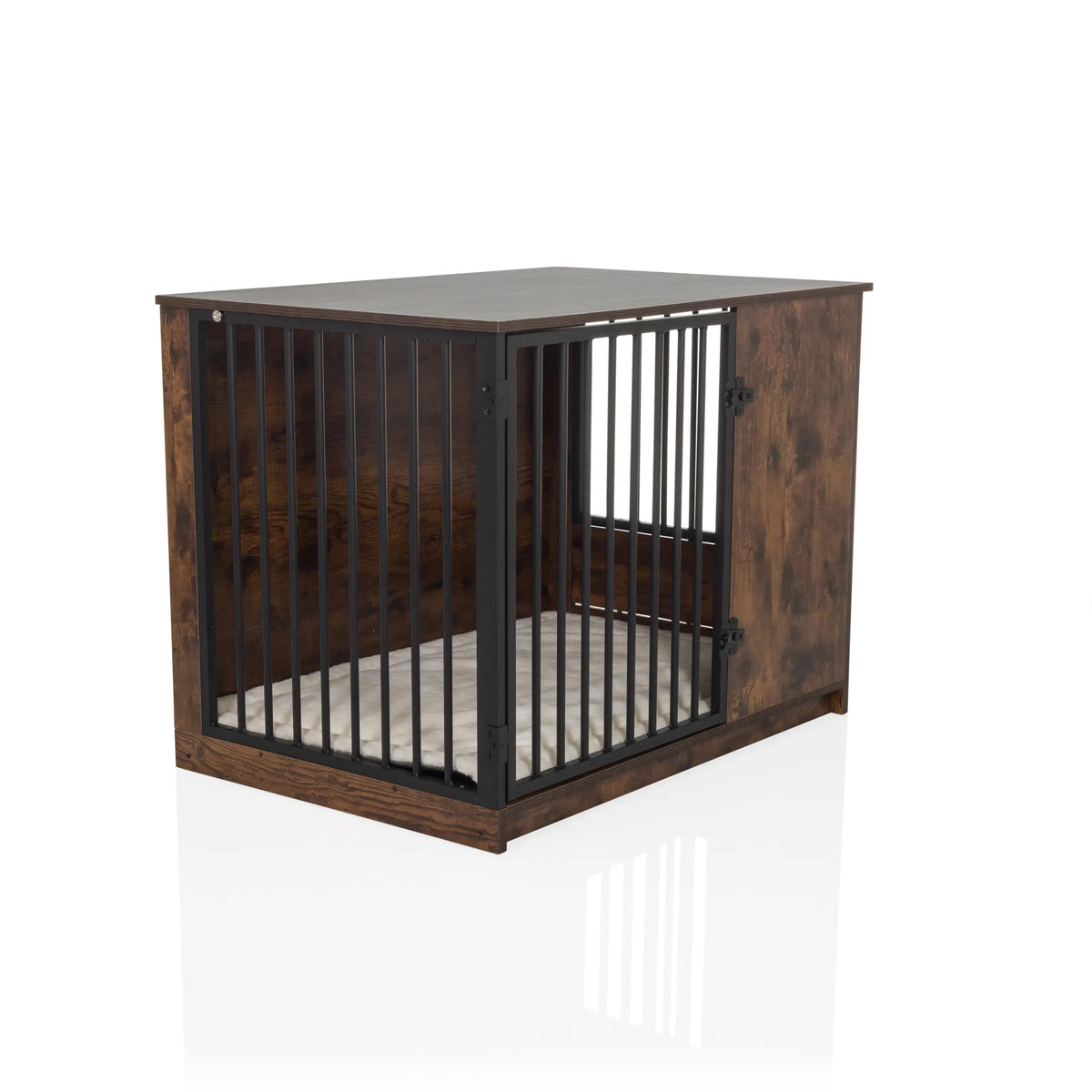 Niche pour chien PAWHOME S marron avec porte grillagée, gamelles intégrées et un matelas de hjh LIVING – vue à 360° (vue de trois quarts avant 45°)