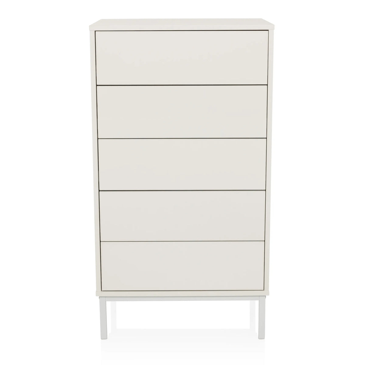 Commode blanche BJORDAL avec cinq tiroirs et pieds métalliques fins de hjh LIVING – vue à 360° (vue de face 0°)