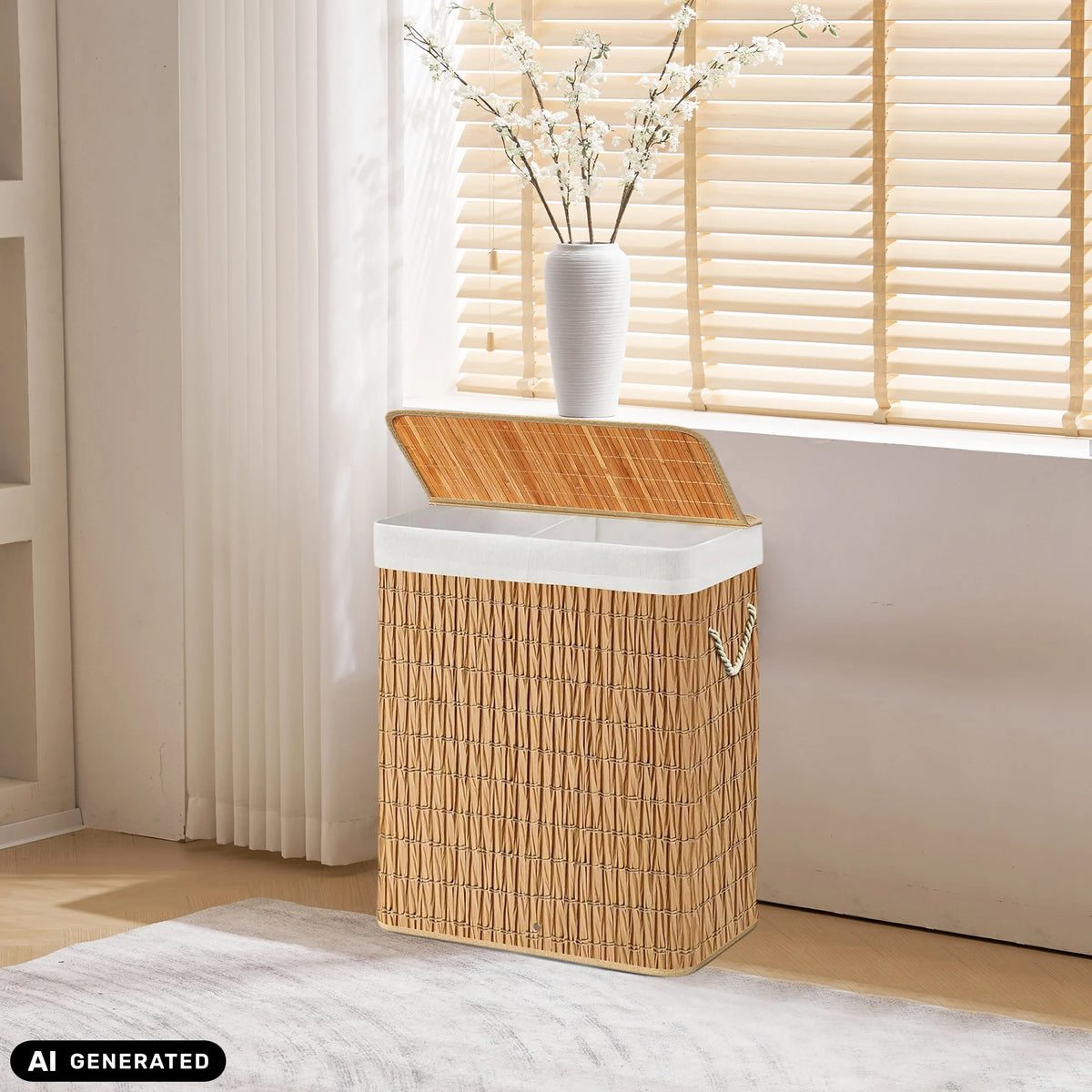 Panier à linge FALSTER XL R en osier marron avec sac intérieur blanc et couvercle de hjh LIVING (image générée par IA)