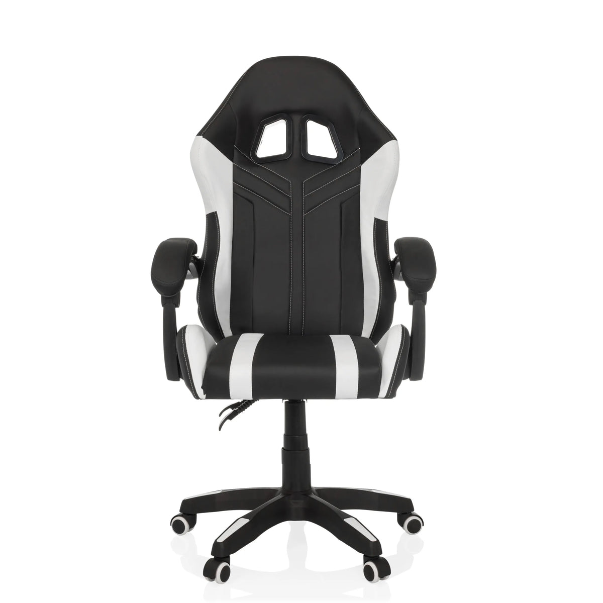 Fauteuil Gamer GAMEBREAKER W02 noir et blanc avec pied à cinq roulettes de MyBuero – vue à 360° (vue de face 0°)
