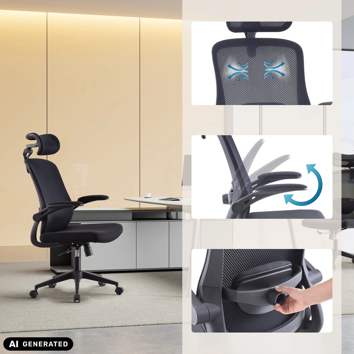 Siège de bureau à domicile Vertuflex avec appuie-tête et accoudoirs réglables en noir de MyBuero (image générée par IA)
