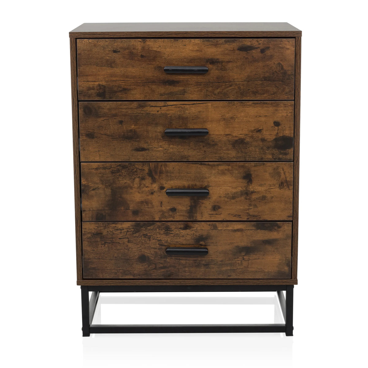 Commode marron VINSTRA avec quatre tiroirs et structure en métal noir de hjh LIVING – vue à 360° (vue de face 0°)