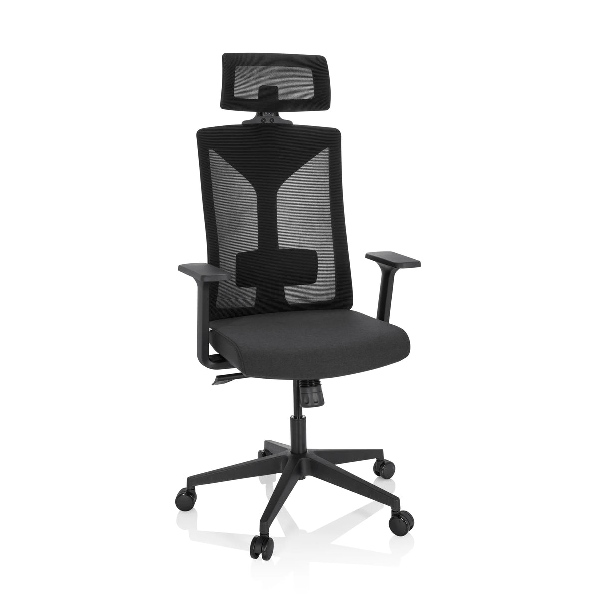 Siège de bureau de qualité professionnelle KODIAK noir, dossier maille, appuie-tête et base à 5 roulettes de hjh OFFICE – vue à 360° (vue de face 20°)
