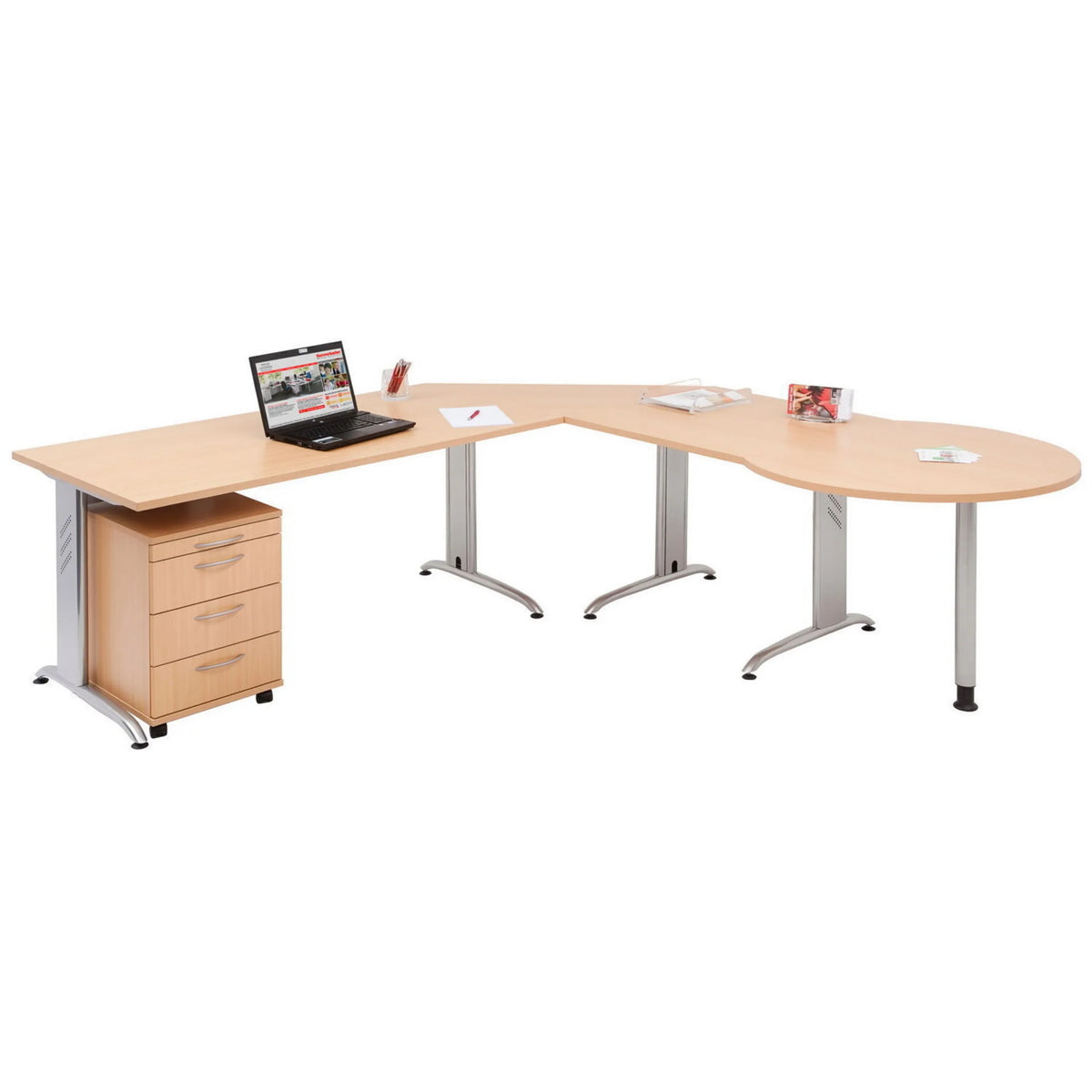 Bureau en L BELA 8 S en chêne rustique avec un caisson et des pieds argentés de hjh OFFICE PRO