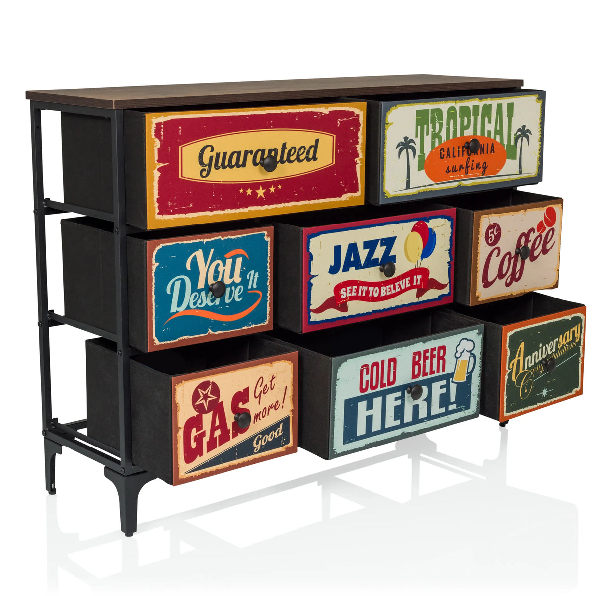 Commode AMERIKO B avec six tiroirs colorés au look vintage et structure en métal noir de hjh LIVING