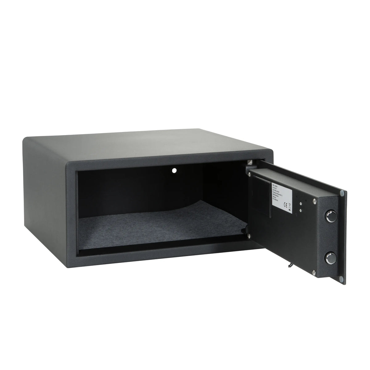 Coffre-fort noir SAFE COMPACT I avec serrure numérique et poignée rotative de hjh OFFICE – vue à 360° (vue de trois quarts arrière 240°)