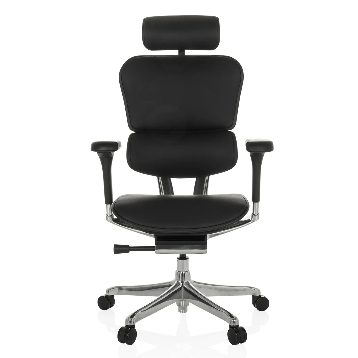 Siège de direction de luxe ERGOHUMAN GEN2 noir en cuir avec appui-tête et pied à cinq roulettes de hjh OFFICE – vue à 360° (vue de face 0°)