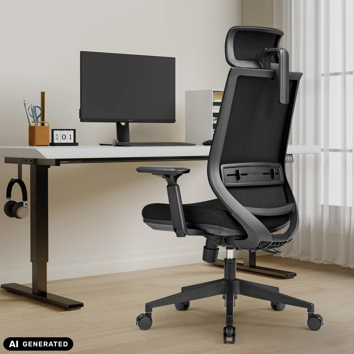 Siège de bureau de qualité professionnelle Profondo F noir avec appui-tête et dossier en maille à un bureau de hjh OFFICE (image générée par IA)