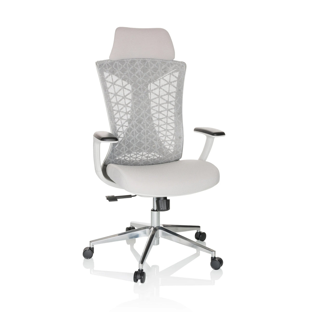 Siège de bureau de qualité professionnelle FALEO W gris avec dossier en maille et piètement à cinq roulettes de hjh OFFICE – vue à 360° (vue de face 15°)