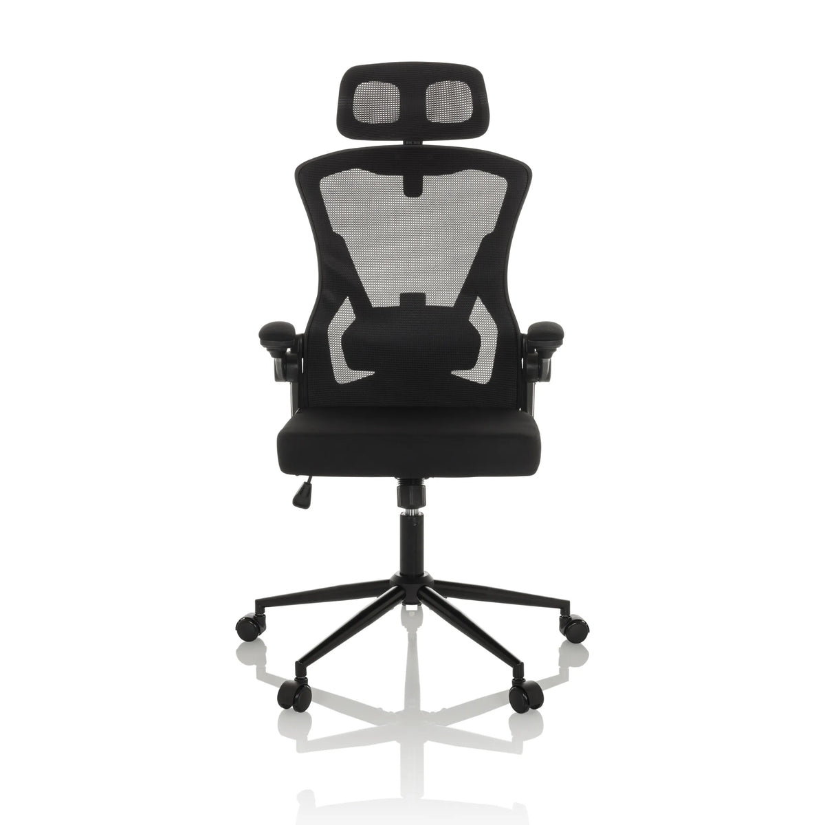 Siège de bureau de qualité professionnelle ARIGANO noir, dossier maille, appuie-tête et base 5 roulettes de hjh OFFICE – vue à 360° (vue de face 0°)