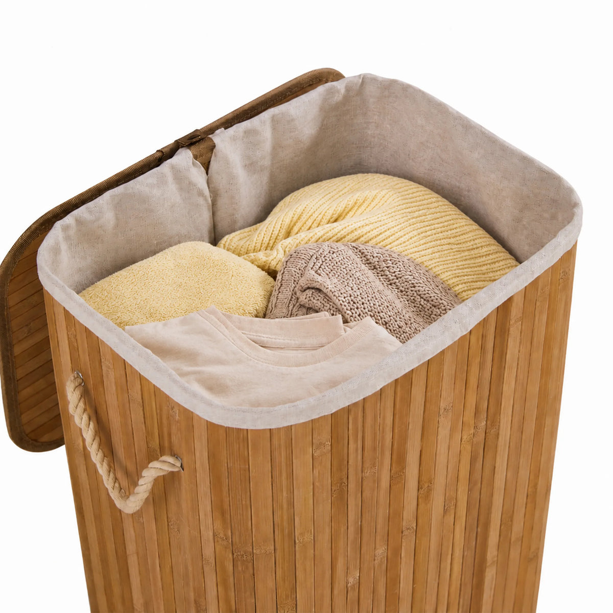 Panier à linge Falster 72 ouvert en bambou marron avec doublure en tissu clair et poignées en corde de hjh LIVING