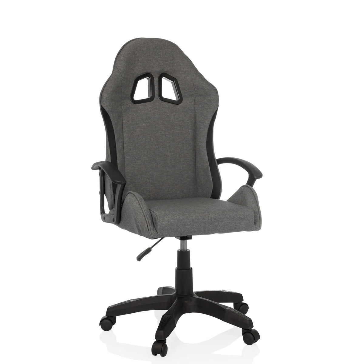 Fauteuil Gamer GAMEBREAKER W01 gris avec deux découpes pour l'appui-tête et piètement à cinq roulettes de MyBuero – vue à 360° (vue de face 15°)