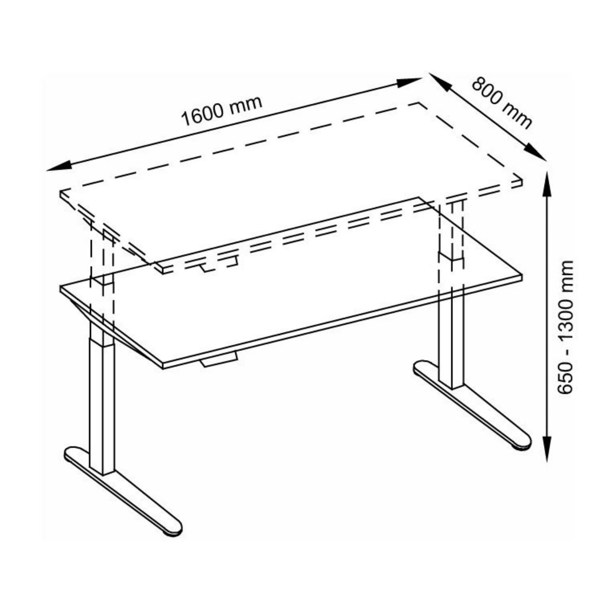 Dessin technique du bureau XBHM 16 GG de 1600 × 800 mm de hjh OFFICE PRO