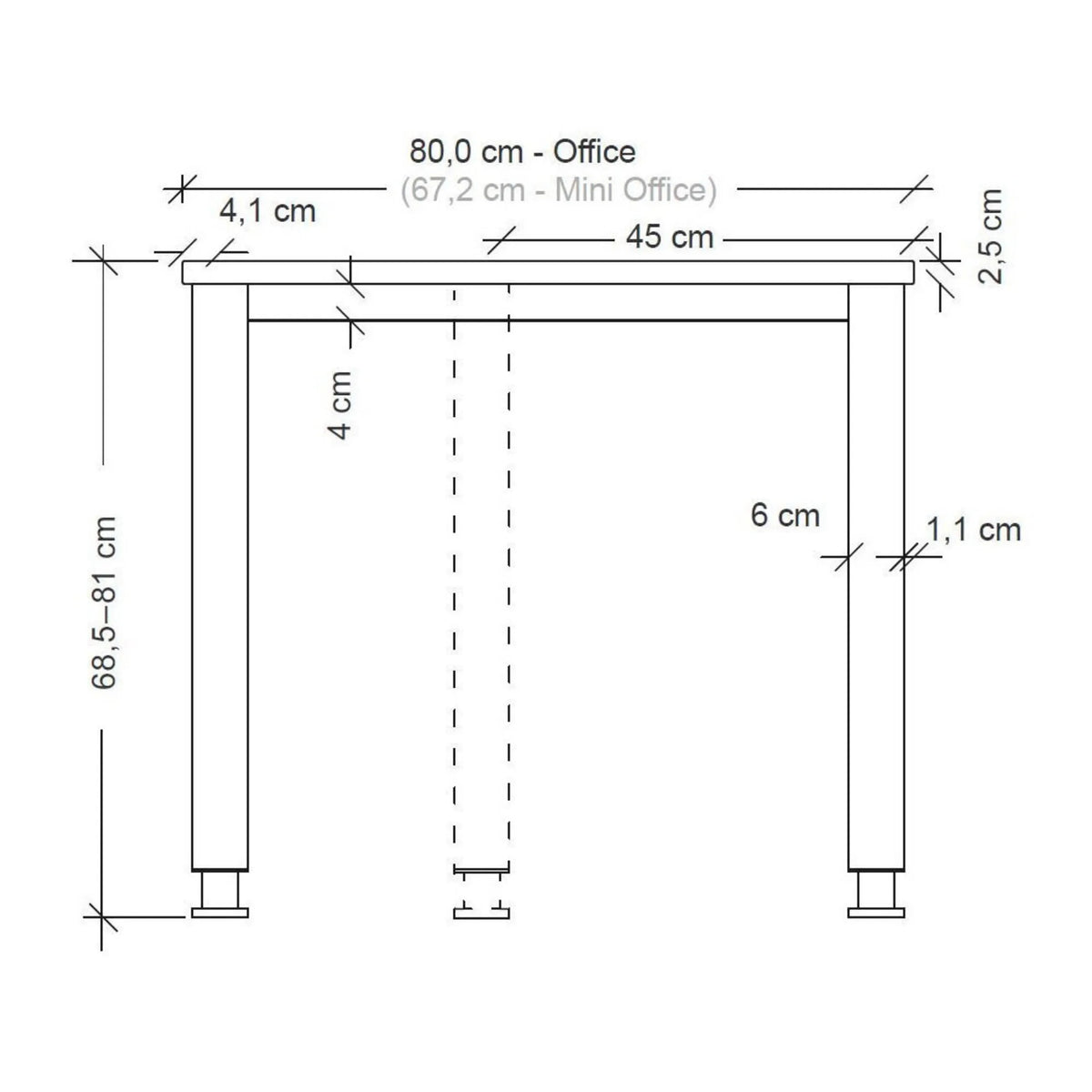 Dessin coté du bureau QUEO 16 S de la gamme QUEO d'une largeur de 80,0 cm de hjh OFFICE PRO