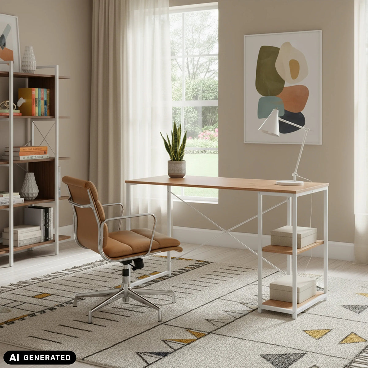 Bureau Easy Up2 en blanc et chêne avec étagère intégrée de hjh LIVING (image générée par IA)