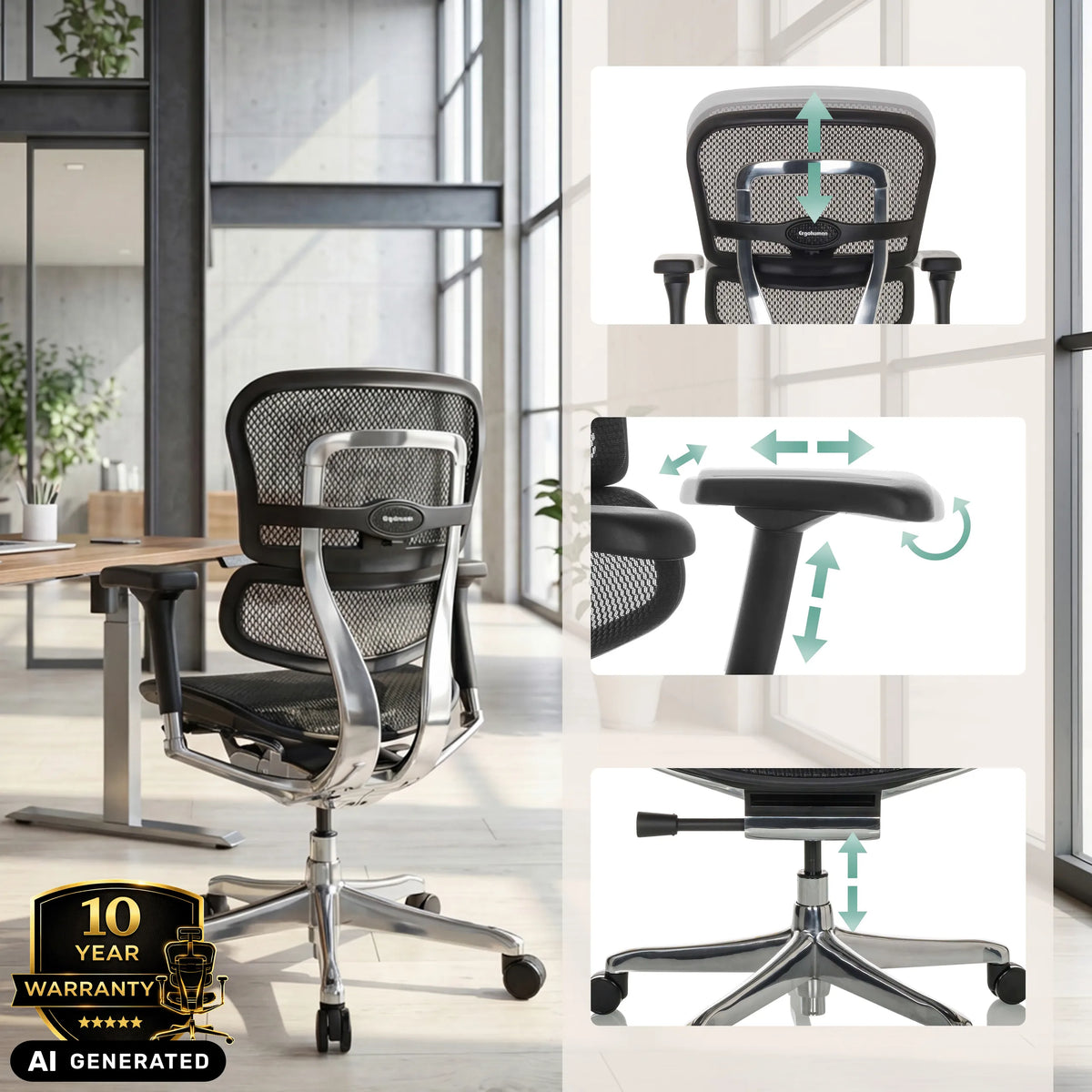 Options de réglage du siège de direction de luxe ERGOHUMAN BASE GEN2 de hjh OFFICE (image générée par IA)