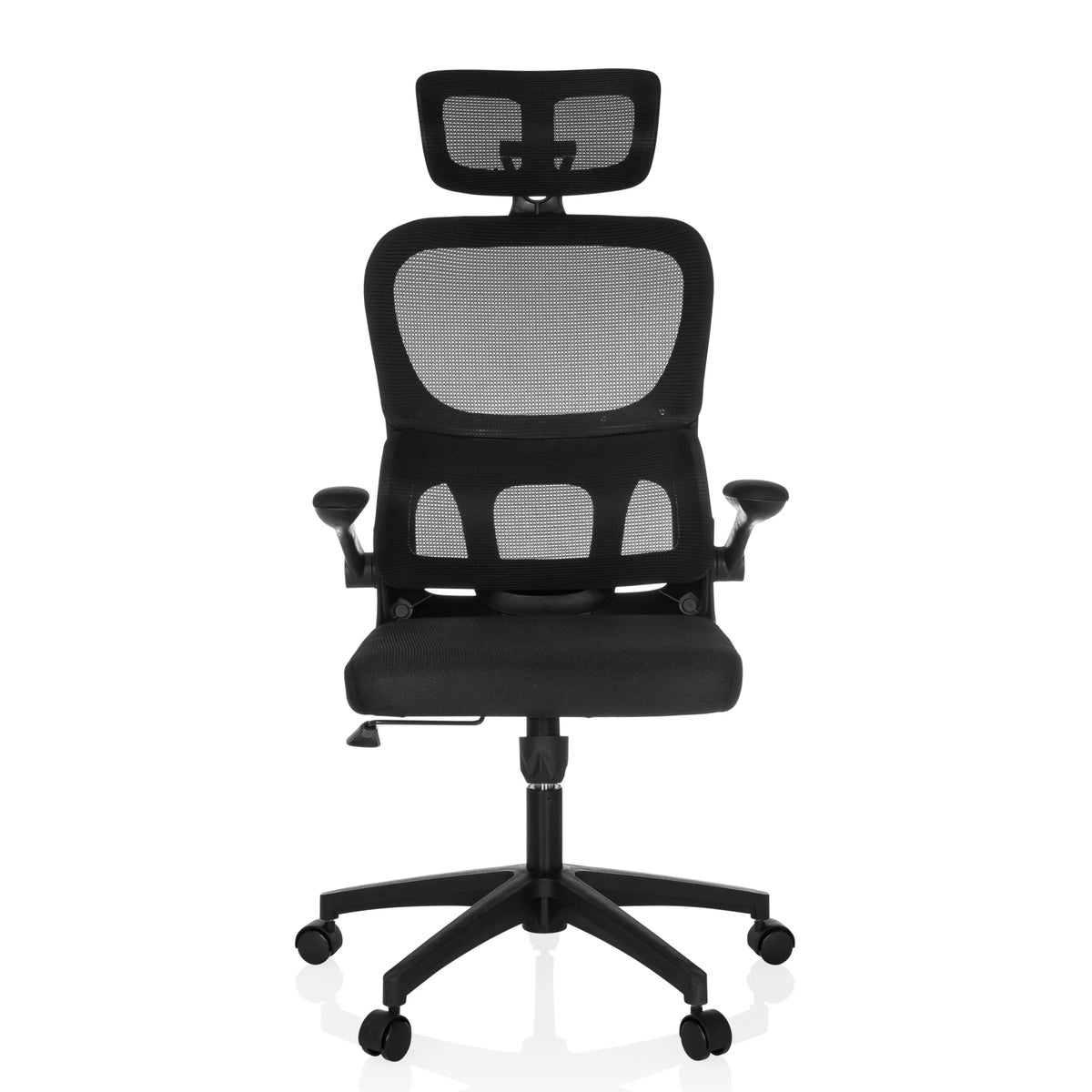 Siège de bureau à domicile ERGOMY FLEX noir avec dossier en maille, appui-tête et base à cinq roulettes de MyBuero – vue à 360° (vue de face 0°)