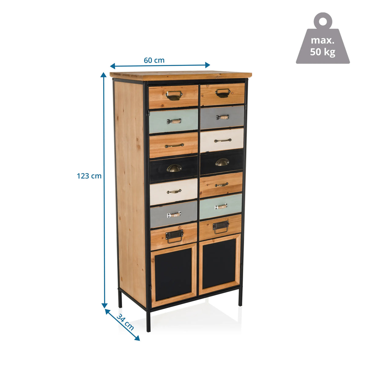 Vue dimensionnelle de la Commode CONTINENTO HIGH avec 123 × 60 cm et une capacité de charge de 50 kg de hjh LIVING