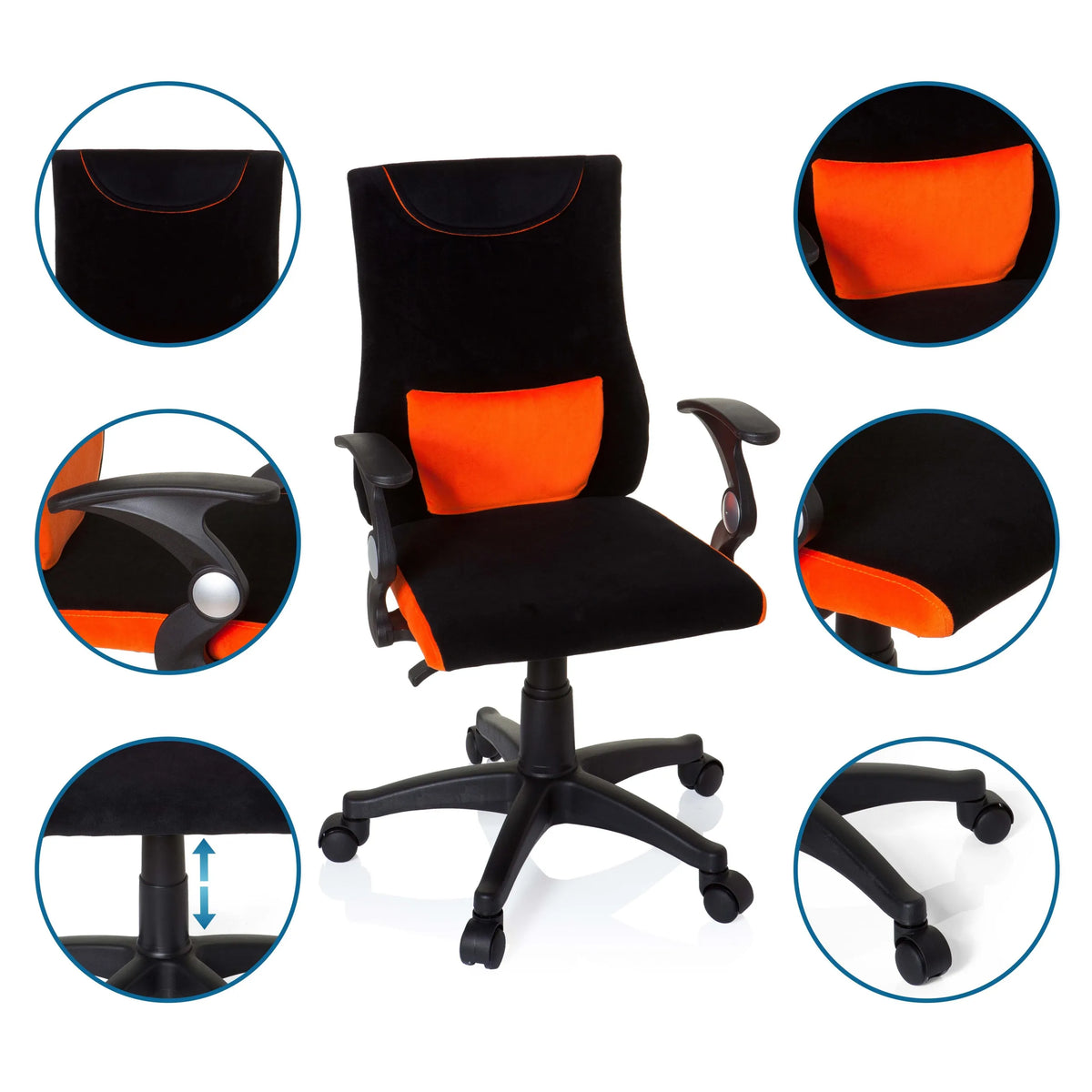 Chaise pivotante pour des enfants KIDDY PRO AL en noir-orange avec vues détaillées des accoudoirs et du pied en étoile de hjh OFFICE