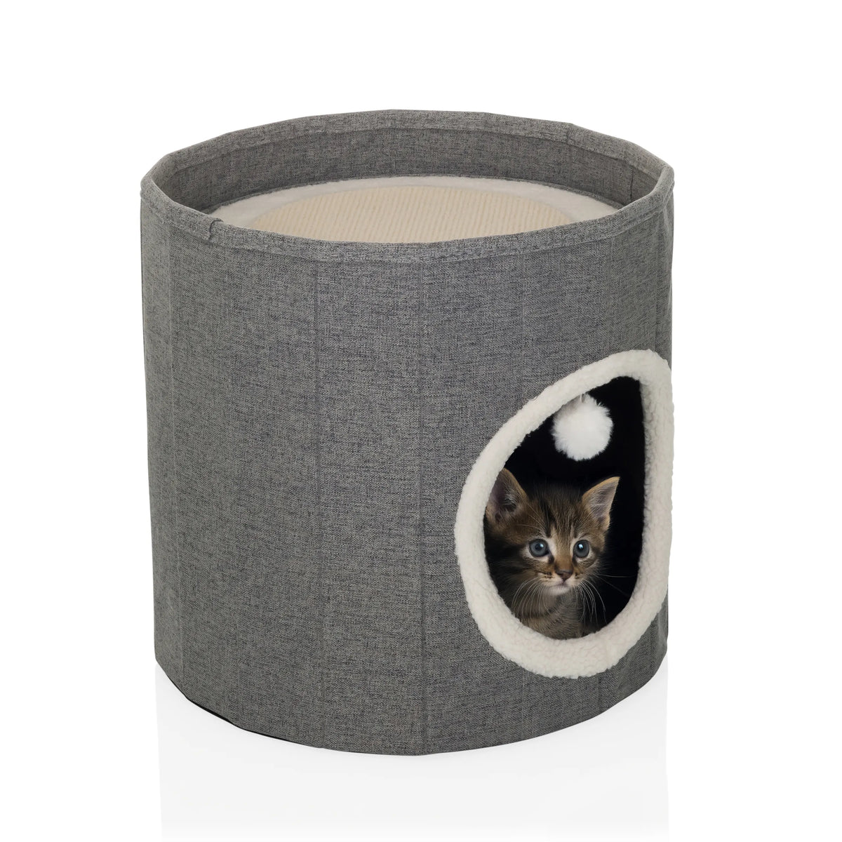 Grotte pour chat PAWY R grise avec bordure en fourrure blanche à l'entrée et une petite balle de jeu de hjh LIVING