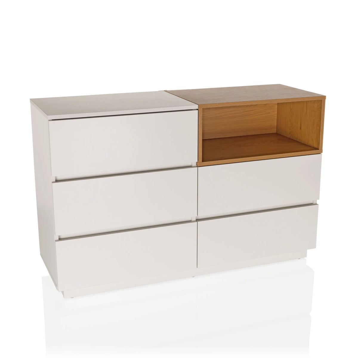 Buffet blanc MELMO S avec accent en chêne et cinq tiroirs de hjh LIVING – vue à 360° (vue de face 15°)
