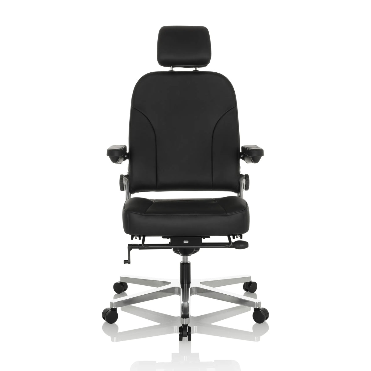 Siège pivotant XXL 24 HOURS F noir en cuir avec appuie-tête et pied à cinq roulettes de hjh OFFICE – vue à 360° (vue de face 0°)