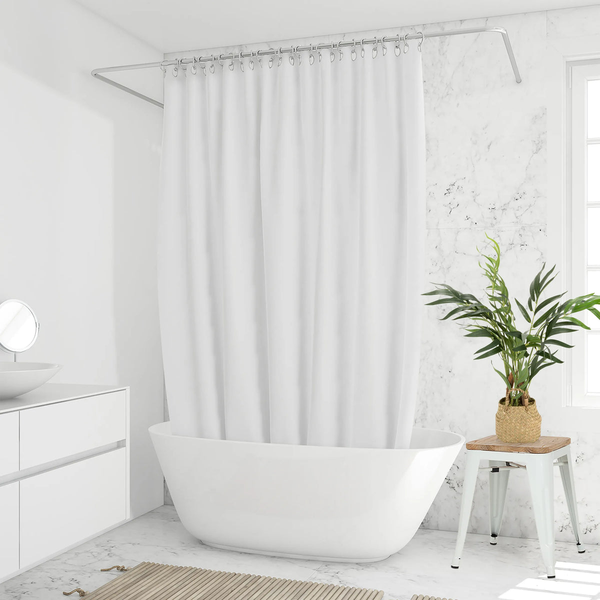 Plante artificielle verte CHAMAEDOREA dans un panier tressé sur un tabouret blanc de hjh OFFICE