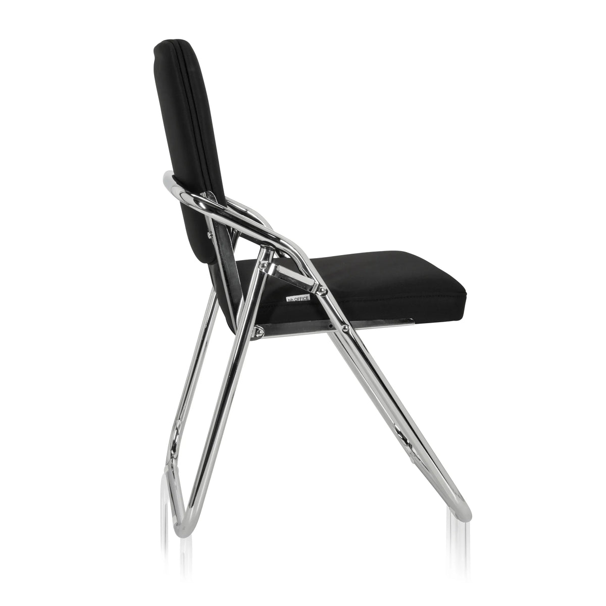 Chaise pliante ESTO noire avec revêtement en tissu et cadre chromé de hjh OFFICE – vue à 360° (vue de profil 100°)