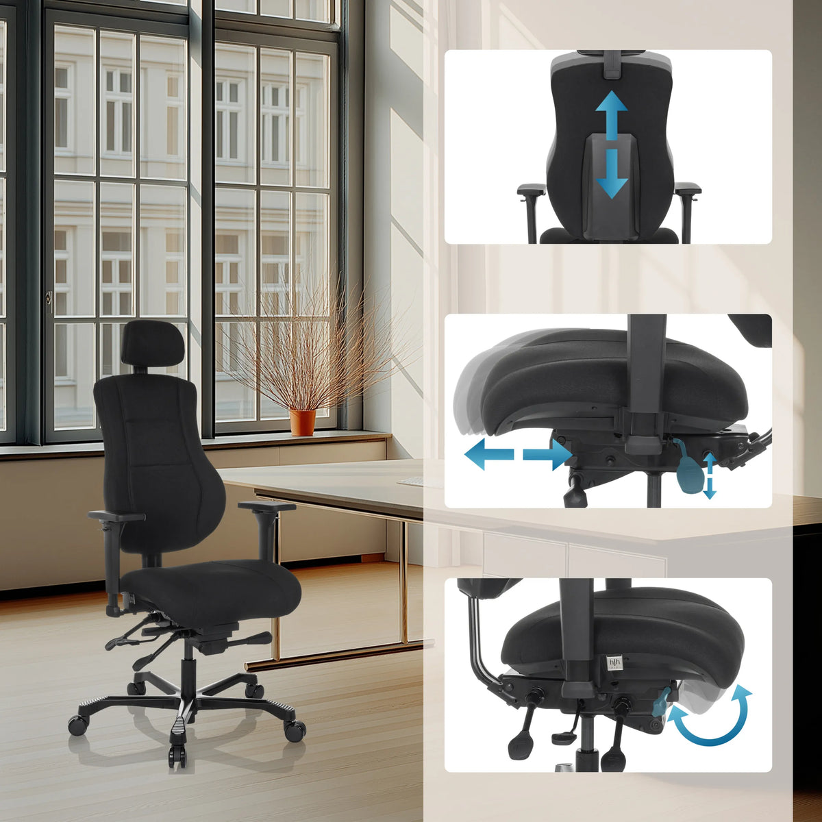Appuie-tête et assise réglables du Siège pivotant XXL 24 HOURS BASIC en noir de hjh OFFICE