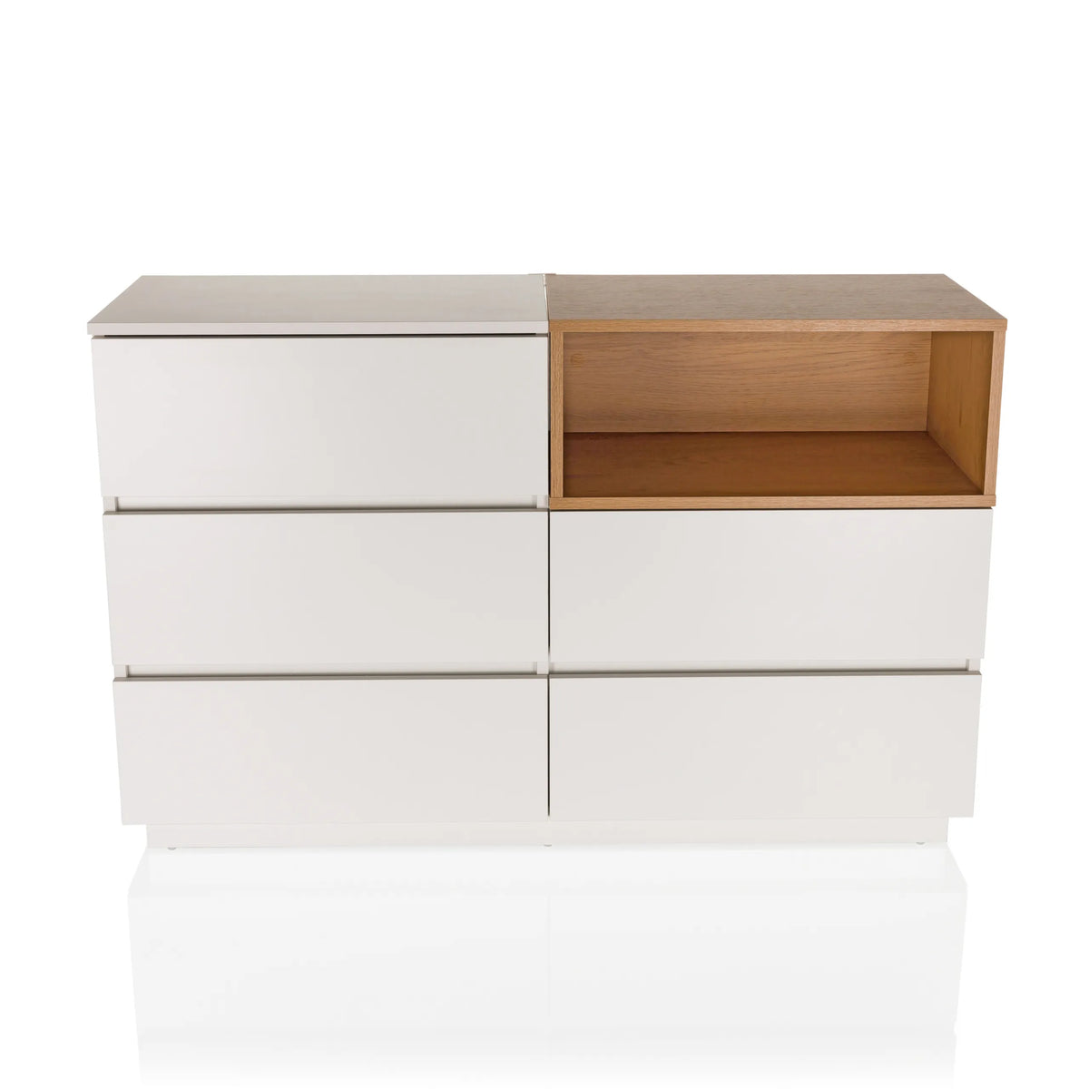 Buffet blanc MELMO S avec accent en chêne et cinq tiroirs de hjh LIVING – vue à 360° (vue de face 0°)