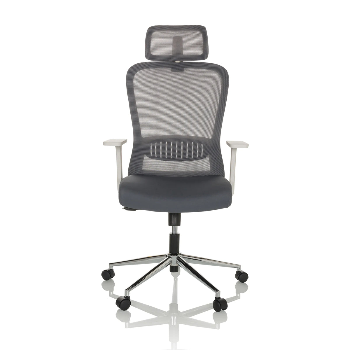 Siège de bureau à domicile BELAIA W gris avec dossier en maille, appuie-tête et base à cinq roulettes de hjh OFFICE – vue à 360° (vue de face 0°)