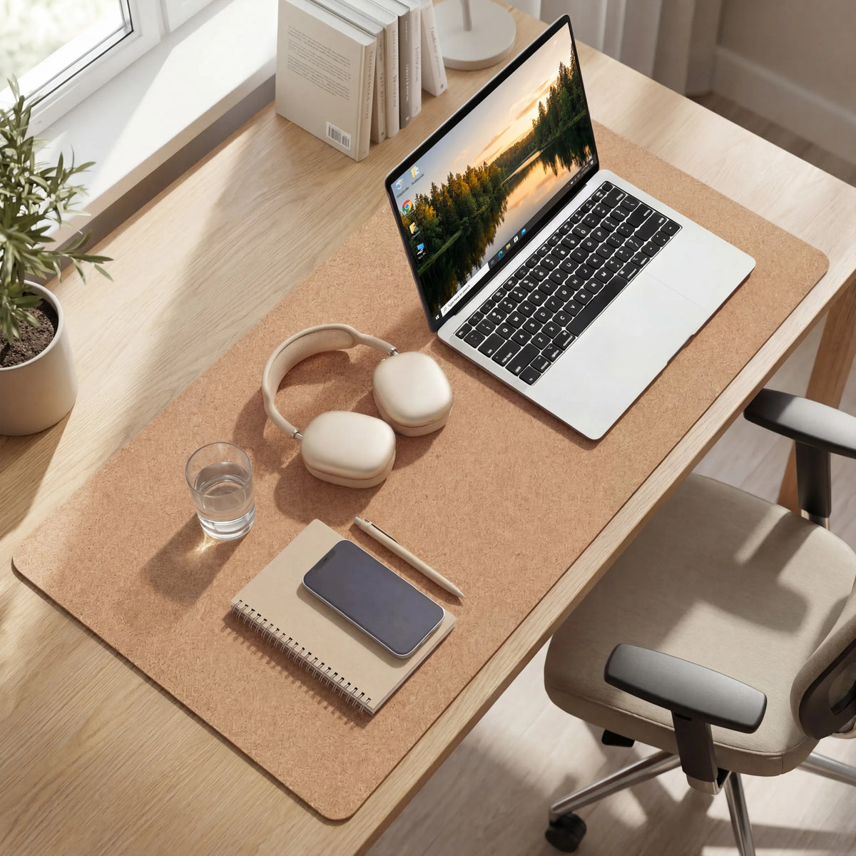 Braune Schreibunterlage Padflux Terra auf einem Holzschreibtisch mit Laptop und Zubehör von hjh OFFICE