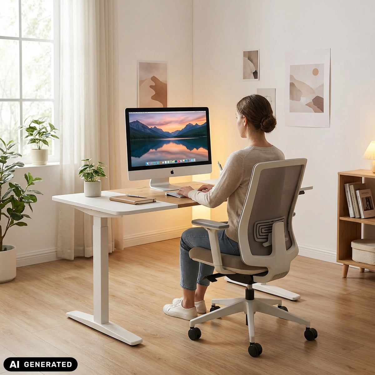 Bureau réglable en hauteur électriquement STAND T3 en blanc et chêne de hjh OFFICE (image générée par IA)
