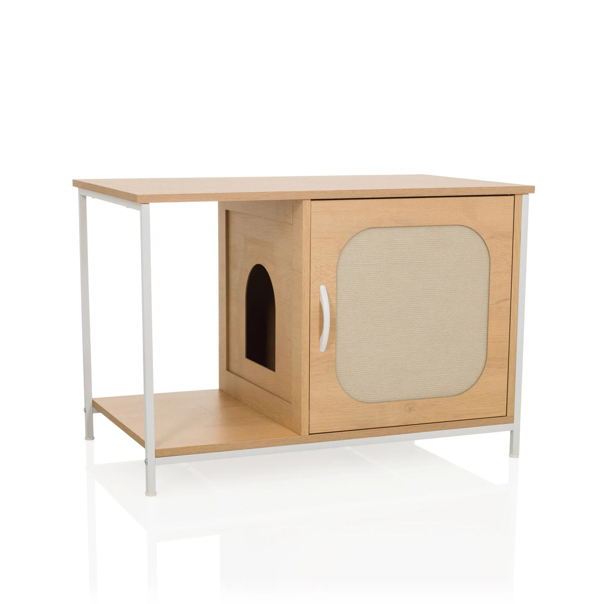 Maison pour chat KITTYHOME 1 blanche avec un compartiment ouvert et un placard avec porte en tissu de hjh LIVING – vue à 360° (vue de face 15°)