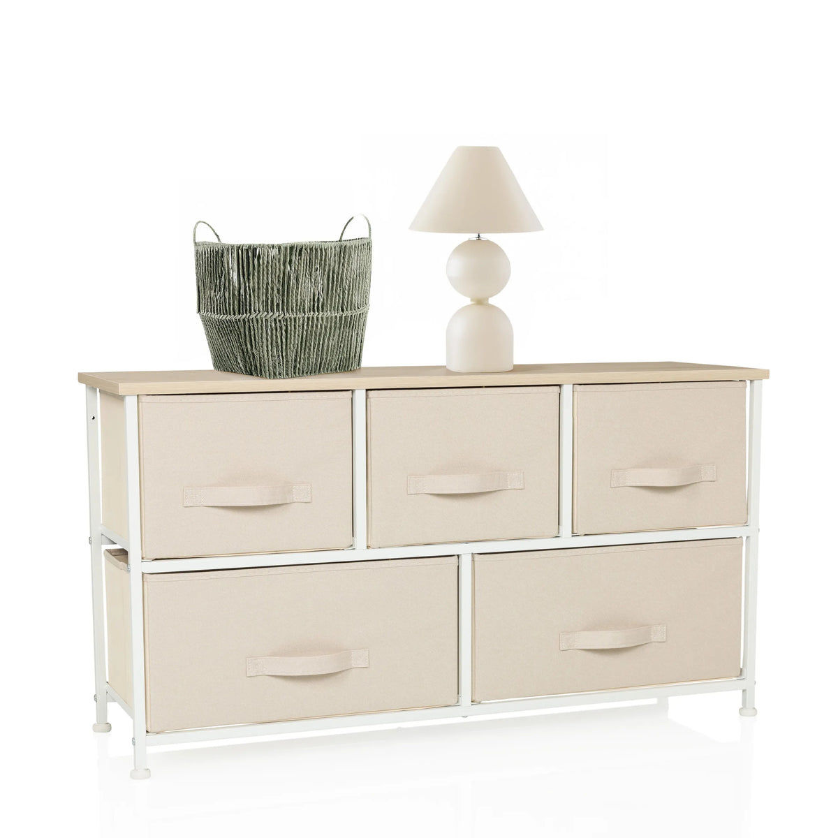 Commode FOLDAR en beige avec cinq tiroirs en tissu et structure blanche de hjh LIVING